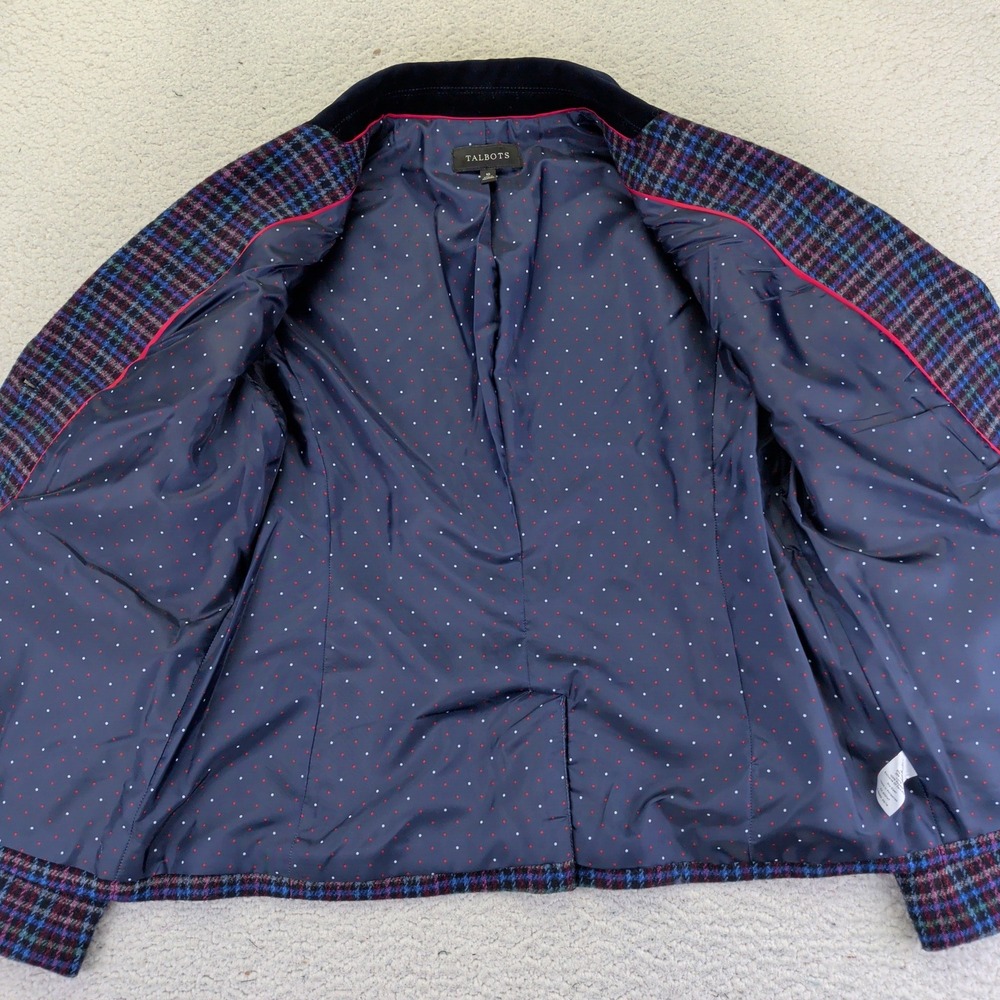 Talbots Women's 10 Plaid Blazer Velvet Collar Wool Blend Blue‎ Purple Retro Vtg - Picture 6 of 8